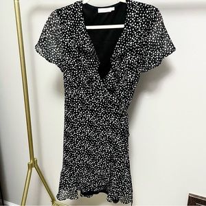 Lush | Black & White Polka Dot & Ruffle Cocktail Wrap Dress | Medium
